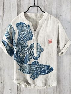 Man Design Fashion, Art Clothes Painting, Fish Japanese, Gents Shirts, Shirt Painting, Lino Art, Japanese Shirt