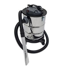 a silver and black vacuum with a hose attached to the top, on a white background