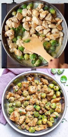 two pans filled with chicken and brussels sprouts