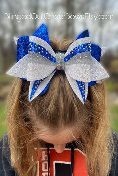 Competition Cheer, Cheer Bow, Triple Threat, Cheer Bows, Silver Rhinestone, Blue And Silver, Blue White, Silver, Blue