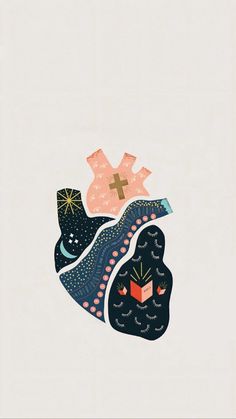 an illustration of a heart with stars and other things on top of it, as well as a cross