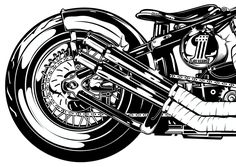 a black and white drawing of a motorcycle with the front wheel turned to the side