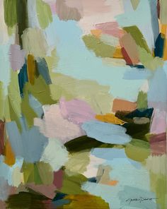 an abstract painting with green, pink and blue colors