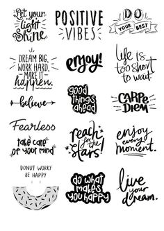 some type of lettering that says positive and happy with the words in different font styles