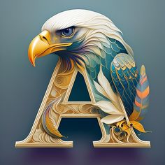 the letter a is made up of an eagle's head and feathers on it