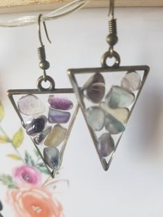 These beautiful earrings have tumbled fluorite cast in epoxy resin. Unique and simple earrings perfect for the crystal lover in your life! These earrings are lightweight making them perfect for all day wear.  *do not wear in water Fluorite Earrings, Cottagecore Earrings, Handmade Birthday Gifts, Earrings Resin, Gift Flower, Rainbow Earrings, Lightweight Earrings, Birthday Jewelry Gift, Birthday Gift For Her