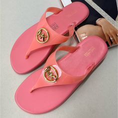 (New+Tag) Michael Kors Carmen Thong Sandals Size 8, 9, 10, 11 Color Tea Rose Flip Flops Thong Sandals Jelly + Leather Soft Sole Gold Metal Logo Hardware Slip On Wedge Sandals, Logo Flip Flops, White Wedge Sandals, Blue Flip Flops, Michael Kors Wedges, Strappy Pumps, Michael Kors Sandals, Michael Kors Heels, Suede Block Heels