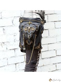 Bird in Bag - Stylish Gothic Waist Bag with Halloween Skull and Rivets Embellishments - A Sophisticated Steampunk Ghost PU Leg Bag for Outdoor Travel Cross Body Fanny Pack, Leg Bag, Waist Pouch, Halloween Bags, Halloween Skull, Waist Bag, Black Pattern, Outdoor Travel, Bird In Bag