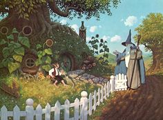 an image of a painting of wizard and witch in the garden by a white picket fence