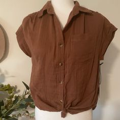 Japna Xs Rust/Brown Color Button Down Collared Shirt Tie Waist Linen/Cotton Material Cuffed Short Sleeve Never Worn With Tags Shirt Tie, Cuffed Shorts, Collared Shirt, Short Sleeve Top, Brown Color, Cotton Material, Short Sleeves Tops, Button Downs, Rust