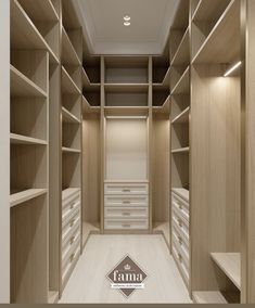 an empty walk - in closet with drawers and shelves on both sides, illuminated by recessed lights