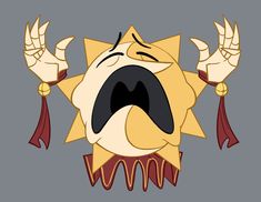 a cartoon sun with its mouth open and hands in the air above it, as if screaming