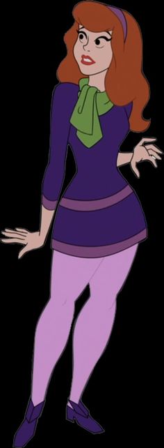 a cartoon character with red hair and purple clothes, standing in front of a black background