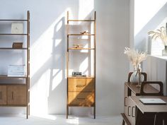 a living room with white walls and wooden shelves