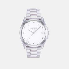 The epitome of refined sophistication Greyson is a polished go-everywhere timepiece. Featuring polished dome markers and a matte dial this iridescent ceramic bracelet design is finished with our Signature marker at 3 o’clock. | Coach Greyson Watch, 36 Mm - Women's - White Luxury White Watch For Everyday Wear, Luxury White Watch For Everyday, Luxury White Watches For Everyday, Iridescent Ceramic, Ceramic Bracelet, Large Wallet, Bracelet Design, 3 O Clock, O Clock