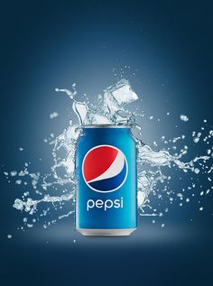 a can of pepsi with water splashing around it on a dark blue and black background