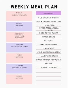 the weekly meal plan is shown in pink and purple