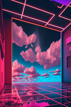 an empty room with pink and blue clouds