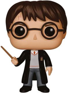 the harry potter pop vinyl figure is holding a wand and pointing to it's right side