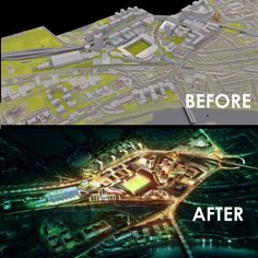 before and after renderings of an urban area in the united states, compared to today