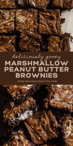 chocolate marshmallow peanut butter brownies stacked on top of each other with text overlay