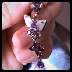 Stainless Steel And Rhinestone (Purple/Pink) Dangly Belly Ring. The Bar Diameter Is 1.6mm And The Total Length Is About 68mm With The Bar Being 10mm. This Is A Very Pretty And Feminine Belly Button Ornament Belly Button Piercing Ring, Belly Button Piercing Rings, Button Ornaments, Belly Button Piercing Jewelry, Piercing Ring, Belly Button Piercing, Belly Ring, Belly Rings, Belly Button