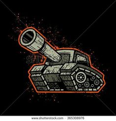 an old tank drawn in grungy style on black background with spray paint and splat