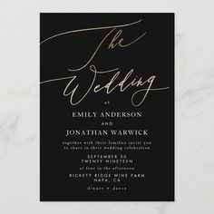 black and white wedding card with the word, the wedding on it's front