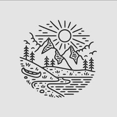 a drawing of mountains and trees with the sun above them