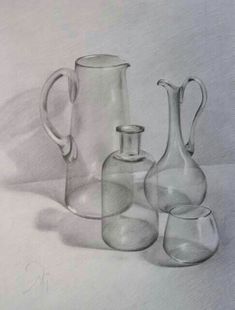 a pencil drawing of three glass vases and one empty bottle on a white background