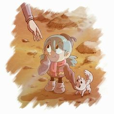 an image of a cartoon character holding the hand of another person's hand while standing next to a small dog