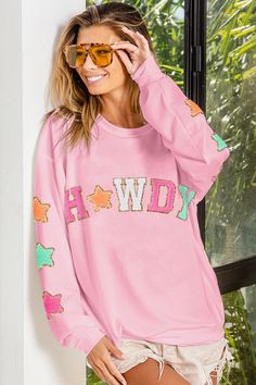 Howdy Pink Stars Lightweight Sweatshirt | gussieduponline Iron On Patch Sweatshirt Ideas, Iron On Patches Ideas Sweatshirt, Cute Iron On Patches Sweatshirt Ideas, Chenille Letter Sweatshirt Ideas, Patch Sweatshirt Ideas, Diy Iron On Patches Sweatshirt, Iron On Patches Sweatshirt Ideas, Iron On Patches Ideas Clothes, Iron On Patch Ideas Clothes