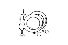 a black and white line drawing of a dinner plate with a wine glass on it