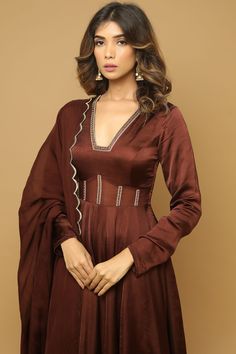 Brown Anarkali Satin Suit Set (Set Of 3) – Ethereal Outfitters Brown Anarkali, Satin Dupatta, Mom Daughter Outfits, Satin Embroidery, Satin Suit, Stylish Kurtis Design, Embroidered Anarkali, Anarkali Dress Pattern, Palazzo Set