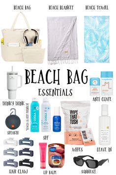 the beach bag essentials list is shown