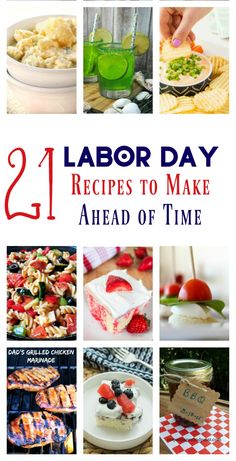 labor day recipe collage with pictures of food and drinks on it, including salads