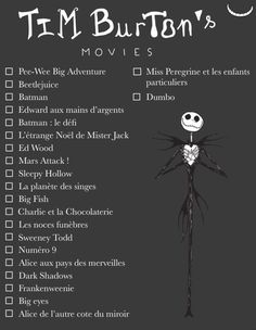 a poster with the words tim burton's movies written in black and white on it