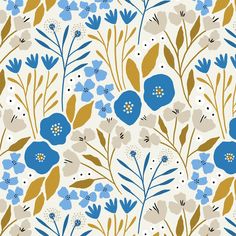 blue flowers and leaves are on a white background with gold accents, while the rest of the floral pattern is in full color