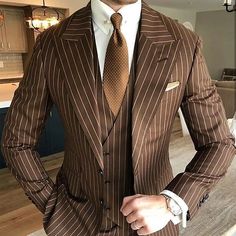 Category:Suits; Embellishment:Pocket; Season:Spring, Fall, Winter, Summer; Fabric:Cotton Blend; Includes:Vest,Pants,Jacket; Occasion:Wedding; Fit Type:Tailored Fit; Jacket Buttons:Single Breasted Two-buttons; Pattern:Striped; Neckline:Peak; Listing Date:10/19/2023; Production mode:External procurement; Pant Length:; Pants Waist:; Shoulder Width:; Sleeve Length:; Bust:; Hips:null; Clothing Length:; Number of Pieces:3 Piece; Design:Classic; Clothing Waist:null Dark Academia Brown, Plaid Tuxedo, Men's Tuxedo, Blazer Men, Brown Pinstripe, Tuxedo Blazer, Tuxedo Wedding, Groom Wear, Tuxedo For Men