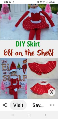 an elf doll with red and white polka dots on it's body, sitting in front of a sign that says diy shirt elf on the shelf