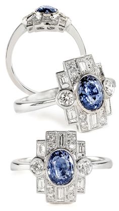 Oval blue sapphire set in a deco-inspired 18k white gold and diamond ring by Beverley K. Three Stone Ring Settings, Classy Engagement Ring, Antique Style Jewelry, Rings Oval, Oval Sapphire Ring, Rings Blue, Nyc Jewelry, Ruby Rings, Emerald Rings