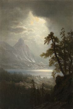 an oil painting of a mountain lake with trees in the foreground and clouds in the background