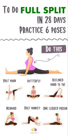 a woman doing yoga poses with the instructions to do full split in 3 days practice 6 poses