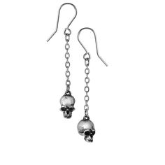 Dead Skull Earrings A dispassionate reminder of the futility of existence, the remains of a former human being. Gothic earrings for every occasion! This pair of small pewter jawless skulls are suspended from the top on a fine chain with silver plated ear wires. Size: Width 1.42" x Height 0.47" x Depth 0.27" Materials: Fine English Pewter; Silver Plated Earwires. Brand: Alchemy of England. Pewter Earrings, Alchemy Gothic, Goth Earrings, Gothic Earrings, Goth Jewelry, Skull Jewelry, Skull Earrings, Human Being, Hanging Earrings