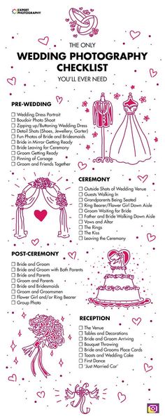 the wedding photography checklist is shown in pink and white, with hearts on it