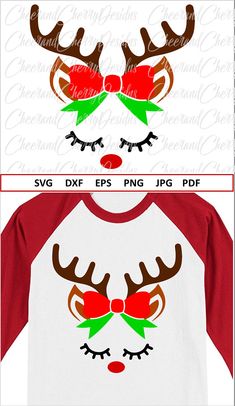 reindeer face with red nose and bow on white shirt