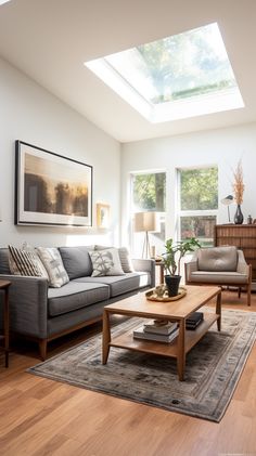 a living room filled with furniture and a skylight