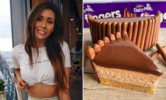 a woman standing next to a piece of cake and an image of a chocolate dessert