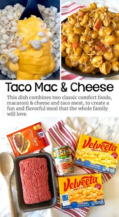 taco macaroni and cheese recipe with text overlay