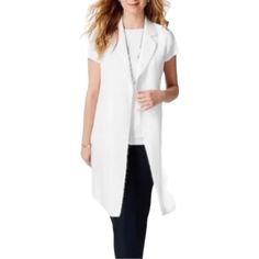 J Jill Women's White Open Front Linen Blend Duster Jacket Vest Longline Size Xsp Brand New With Tags, Mrsp $119 __features:__ Sleeveless, Collared, Open Front Material: 57% Linen, 43% Rayon Pit To Pit 17" Total Length 36" Zip Front Sweater, Velvet Vest, White Vest, Quilted Puffer Vest, Duster Jacket, Green Vest, Grey Vest, Plaid Coat, Jacket Vest